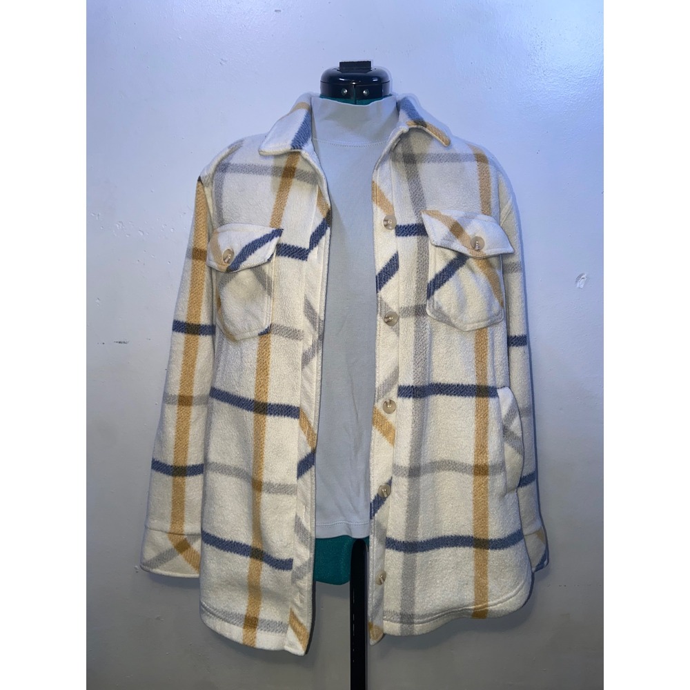 Thread & Supply Cream Plaid Fleece Shacket Shirt Jacket Cozy Fall Academia Small